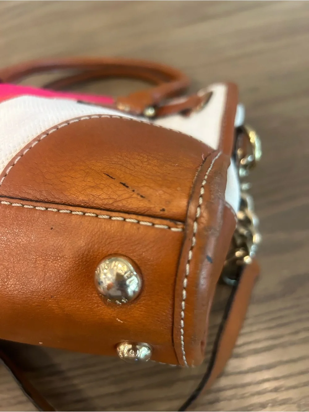 Michael Kors Brown Leather & Red Stripe Canvas Satchel